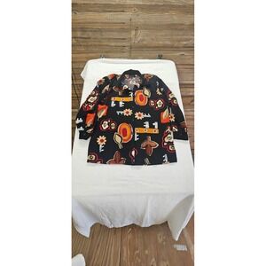 Cascais of California Women L Black Abstract Floral Button Up Shirt Long Sleeve